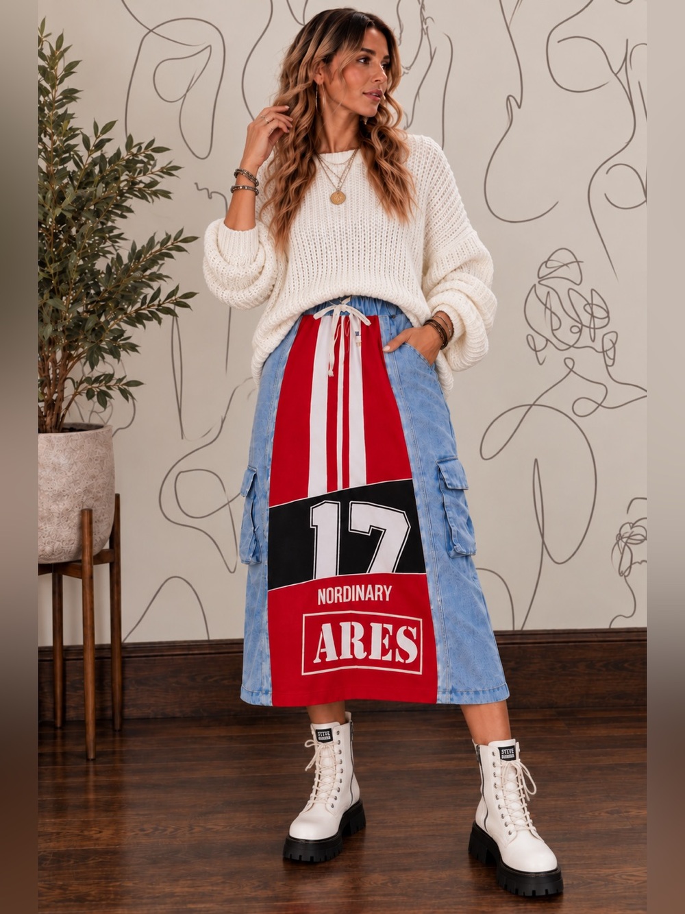 Graphic Patchwork Maxi Skirt with Drawstring Waist various sizes - Picture 1 of 11